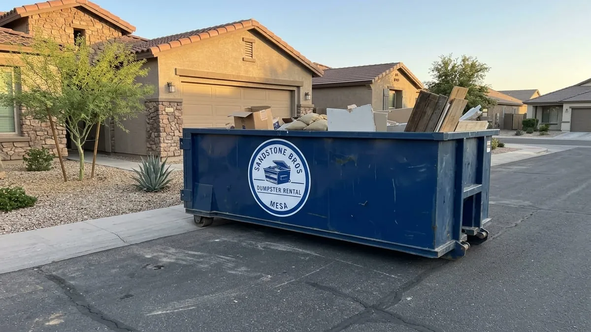 Sandstone Bros Dumpster Rental crew standing with a roll-off truck and 30 yard dumpster in a Mesa, AZ driveway Sandstone Bros Dumpster Rental crew standing with a roll-off truck and 30 yard dumpster in a Mesa, AZ driveway